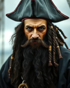 Blackbeard pirate portrait showing his famous long black beard and intimidating appearance