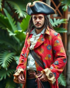 Calico Jack Rackham in bright colorful patterned clothing and tricorn hat