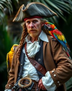 Long John Silver with wooden peg leg and colorful parrot on shoulder