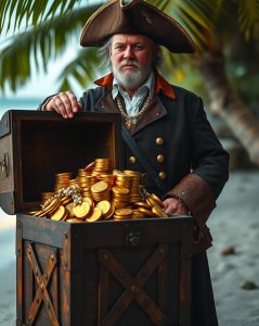 Captain William Kidd standing next to a treasure chest filled with gold coins and jewels