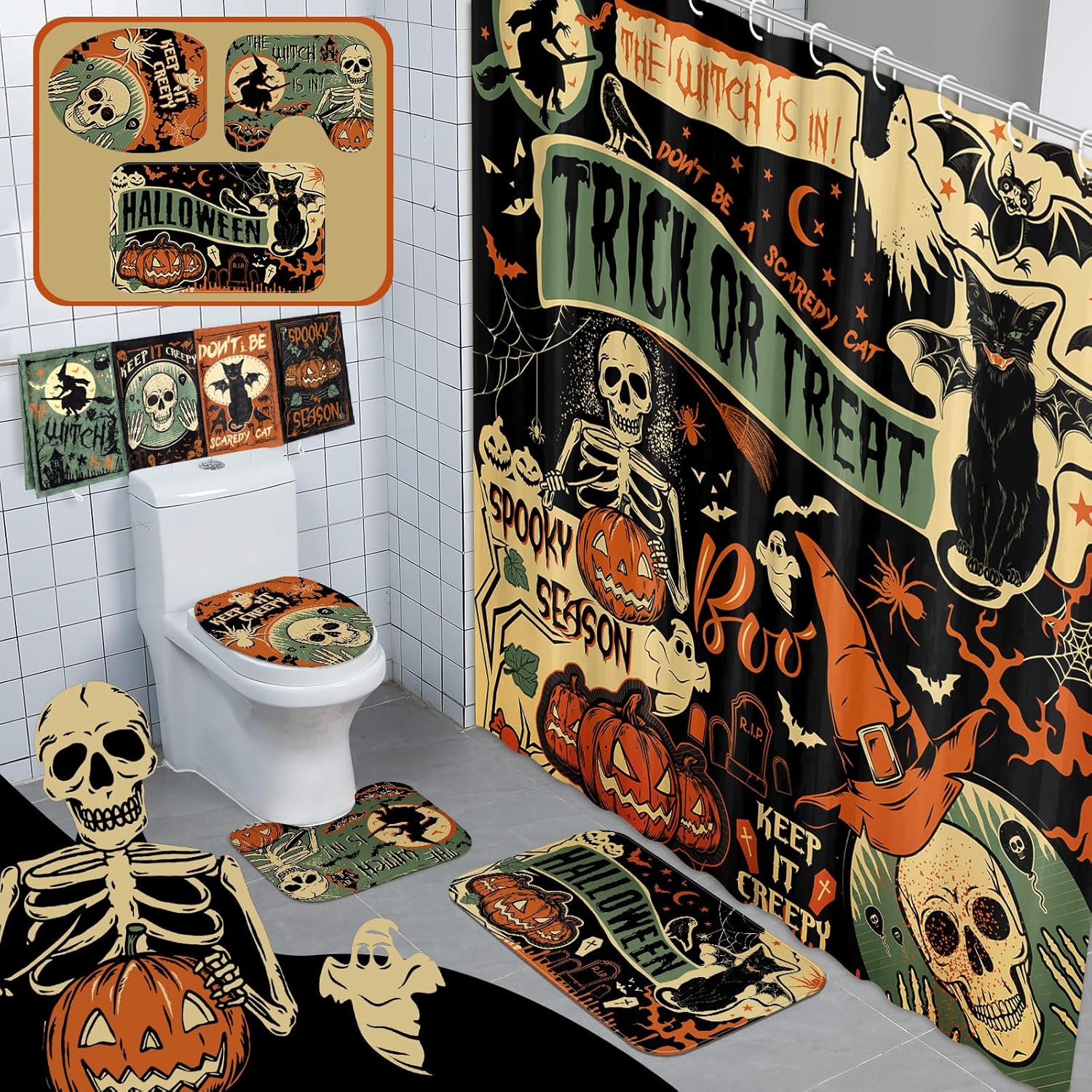 Halloween Shower Curtain and Bathroom Set with rugs, towels, and spooky designs