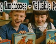 1960s cafeteria scene with kids showing vintage metal lunchboxes – collecting lunchboxes