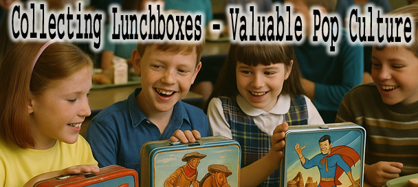 1960s cafeteria scene with kids showing vintage metal lunchboxes – collecting lunchboxes