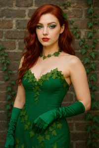 DIY Poison Ivy Costume with red wig and leafy green dress