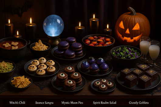 Buffet table with Halloween foods and séance décor at a Psychic Halloween Party
