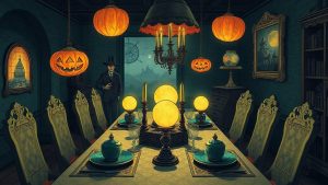 Séance table with eight empty chairs set for a Psychic Halloween Party