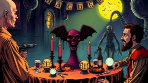 Skull with bat wings centerpiece at a Psychic Halloween Party