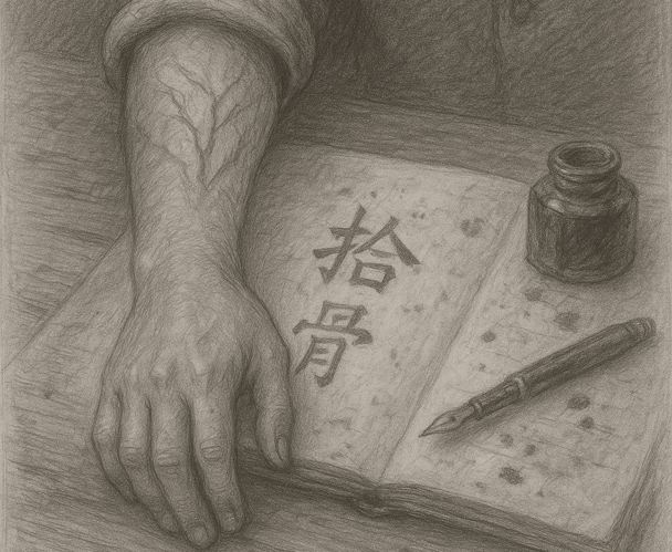 Pencil drawing of Dr. Edmund Hale’s arm on a table beside an open journal showing Chinese characters 拾骨, symbolizing the Shí Gǔ ritual’s mark.