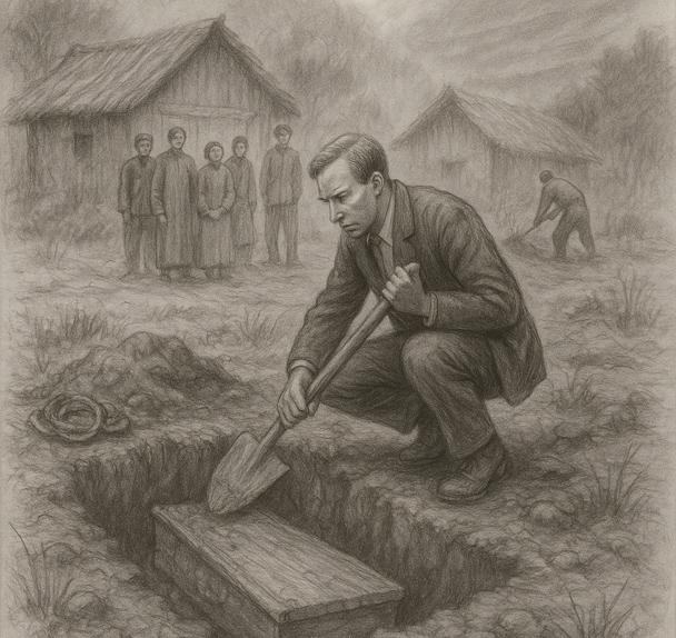 Pencil drawing of villagers and Dr. Edmund Hale at an open grave during rain in 1930s rural China, part of the Shí Gǔ ritual.