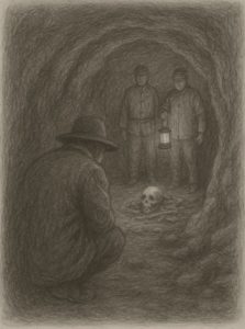 Pencil drawing of Dr. Edmund Hale crouched outside a cave at night, watching villagers conduct a Shí Gǔ ritual among skulls and bones by lantern light.