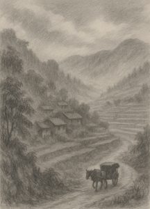 Pencil drawing of a misty 1930s Chinese valley with terraced hills, small village huts, and a mule cart traveling a dirt path, titled “Shí Gǔ – Plate I: The Valley.
