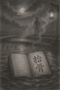 Pencil drawing of an open journal floating in a moonlit flooded rice terrace, showing the characters 拾骨 with mist and a lantern glowing nearby.