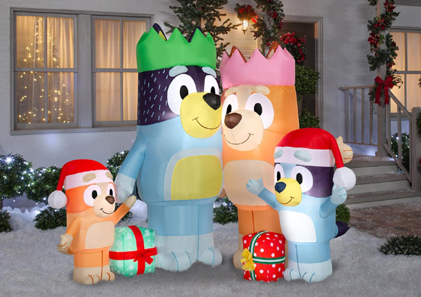 Christmas Inflatable Bluey and Family Scene displayed outdoors at night