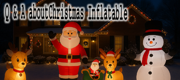 Christmas inflatables glowing in a festively decorated front yard at night