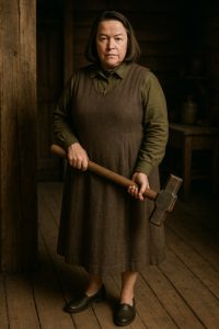 DIY Annie Wilkes Costume inspired by Misery (1990) with olive-green shirt, brown-gray jumper, and sledgehammer