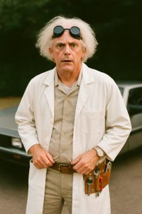 Middle-aged man dressed as Doc Brown from Back to the Future standing before a DeLorean