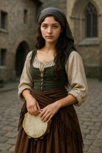 DIY Esmeralda Costume inspired by early film versions of The Hunchback of Notre Dame with a Gothic cathedral background.