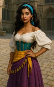 DIY Esmeralda Costume inspired by Disney’s animated style with bright purple skirt, teal corset, and gold accessories.