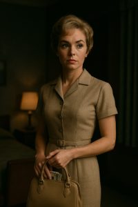 DIY Hitchcock Blonde Look featuring Marion Crane-inspired beige dress, handbag, and tense motel room lighting.