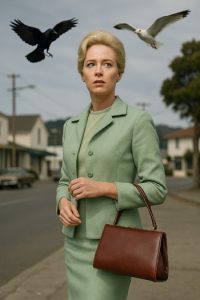 DIY Hitchcock Blonde Look inspired by The Birds, featuring Melanie Daniels’ green suit, handbag, and vintage 1960s styling.