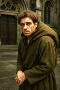 DIY Hunchback of Notre Dame Costume inspired by classic film Quasimodo portrayals in front of a Gothic cathedral.