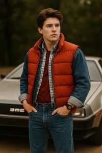 Young man dressed as Marty McFly from Back to the Future standing in front of a DeLorean