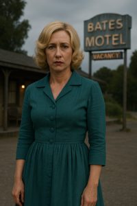 40-year-old woman dressed as Norma Bates standing in front of the Bates Motel sign at dusk