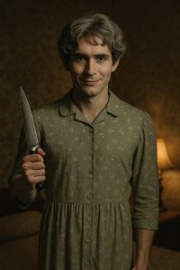 DIY Norman Bates Costume featuring green floral dress, gray wig, knife prop, and vintage Hitchcock-inspired lighting.