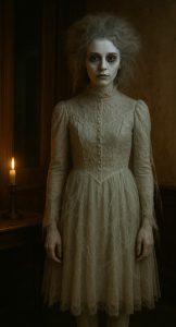 DIY Victorian Ghost Costume with pale makeup and vintage lace dress