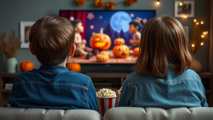 Two kids watching Halloween movies on TV with popcorn and autumn décor
