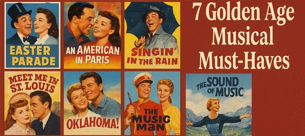 Collage of classic from the Golden Age Musical Must-Haves musicals featuring Gene Kelly, Judy Garland, and Julie Andrews