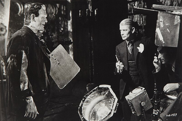 James Whale directing Boris Karloff on the set of Bride of Frankenstein (1935)