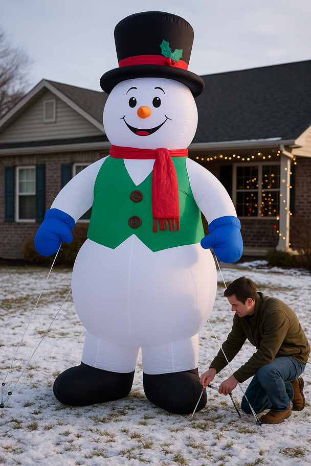 Man securing a large Snowman Christmas inflatable with ground stakes in a snowy suburban yard.