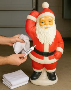 Cleaning a vintage Santa blow mold with soap and water