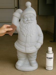 Sanding and priming a vintage Santa blow mold