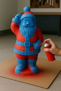 Blow mold masked with blue painter’s tape during spray painting