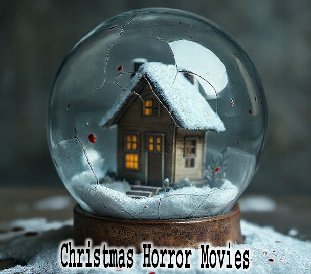Christmas Horror Movies Cracked snow globe with a cozy house inside and tiny blood spatters on the glass.