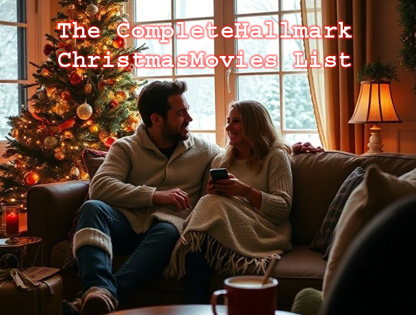 Couple watching Hallmark Christmas movies by fireplace with snacks