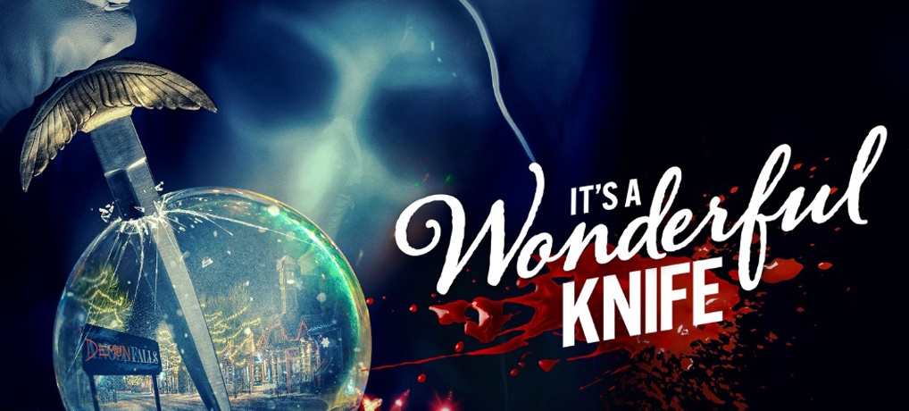 Scene from It’s A Wonderful Knife showing the winter town and killer silhouette