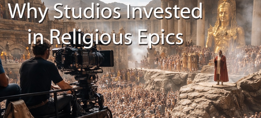 Religious epics film set with camera crew filming a robed central figure before a vast crowd and monumental ancient architecture