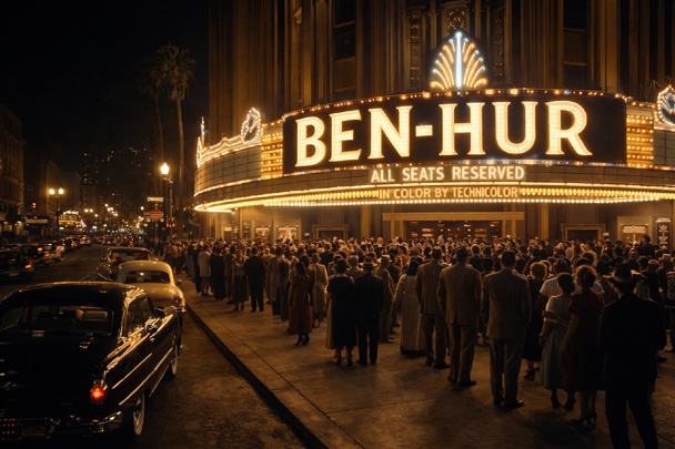 Wide-angle night view of a 1950s movie theater with a glowing Ben-Hur marquee, long lines of well-dressed patrons, and vintage cars parked along the street.
