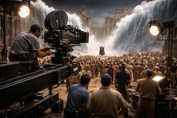 Behind-the-scenes view of a 1950s film crew operating a large 70mm camera on a crane, with technicians adjusting equipment as extras in robes stand on an ancient-style set depicting the parting of the Red Sea.