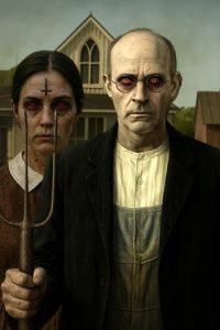 Demonic farmer couple in front of Gothic farmhouse holding pitchfork