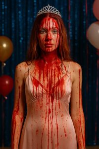 Carrie-inspired prom queen costume with fake blood and tiara