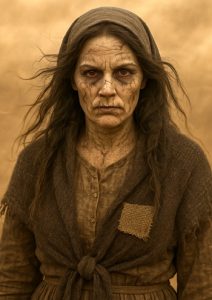Dust Bowl-era witch with cracked skin and burlap patch standing in a dust storm