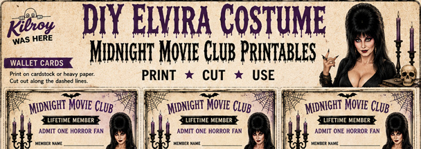 Free printable Official Midnight Movie Club Membership Card & Midnight at the Haunted Mansion for your DIY Elvira Halloween Look