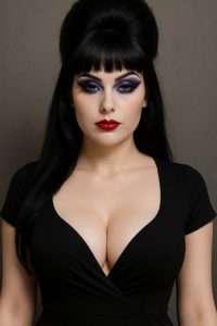 Close-up of Elvira-style makeup and towering black wig
