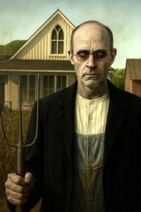 Possessed farmer in black coat and round glasses with pitchfork in front of farmhouse