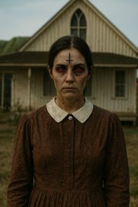 Possessed woman in prairie dress with inverted cross on forehead standing in front of farmhouse
