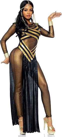 Main view of Cleopatra costume showing double-slit skirt and glitter collar